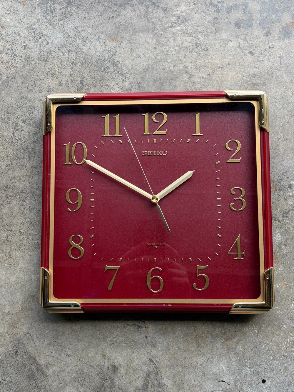 Vintage 80s Seiko Quartz Square Wall Clock Burgundy Gold Tone Japan Tested